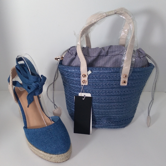 Shoes - Denim Blue Size 8 Tie Up Espadrille Wedges & Mini Denim Tote Bag Bundle
